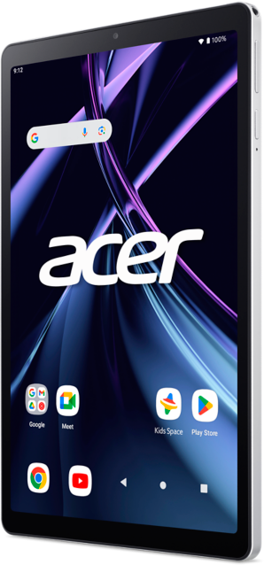Acer tablet ezüst kerettel és színes felületet mutató kijelzővel.