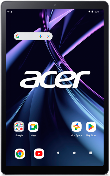 Egy Acer tablet, melynek képernyője alkalmazásikonokat jelenít meg, egy örvénylő, absztrakt háttér előtt.