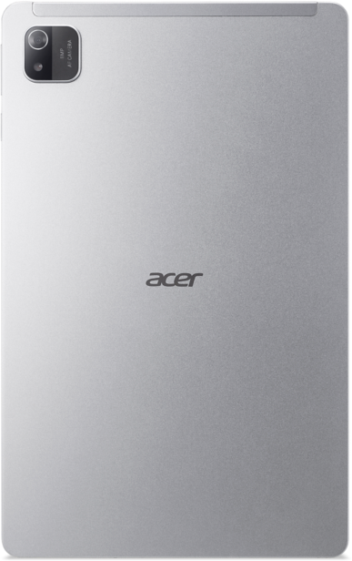 Egy ezüst Acer táblagép hátulja, kamerával és Acer logóval.
