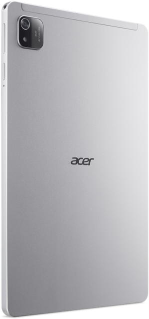 Ezüst tablet, hátulján kamerával. Acer logó középen. Fehér háttér.