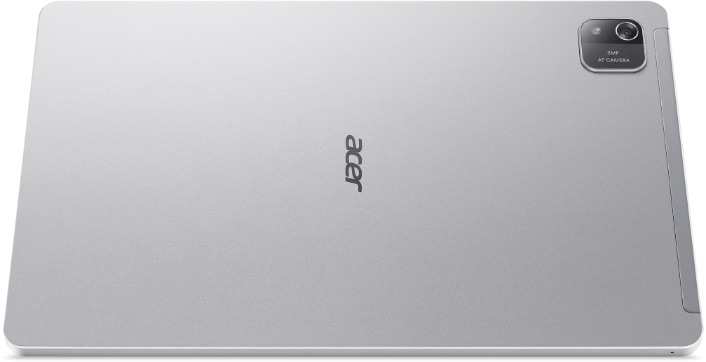 Egy ezüst tablet hátulja. Az Acer logó látható.