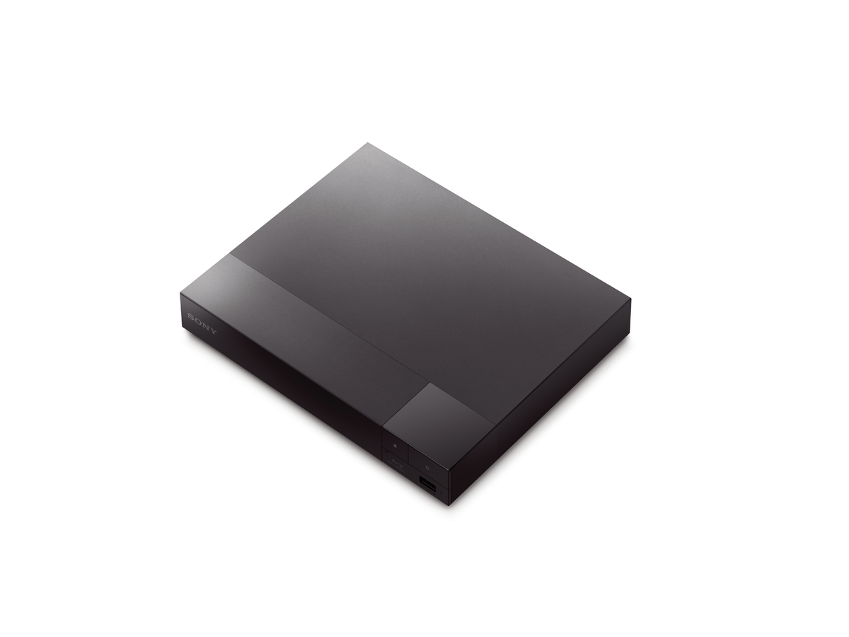 Schwarzer DVD-Player, Draufsicht. Rechteckiges Design mit kleinem Einschaltknopf und USB-Anschluss.