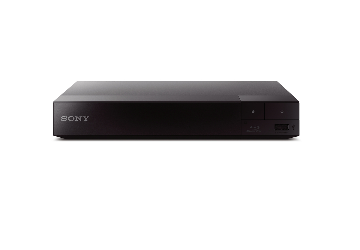 Schwarzer Sony Blu-ray-Player auf weißem Hintergrund. Einfaches Design mit Ein-/Aus- und Auswurftaste.