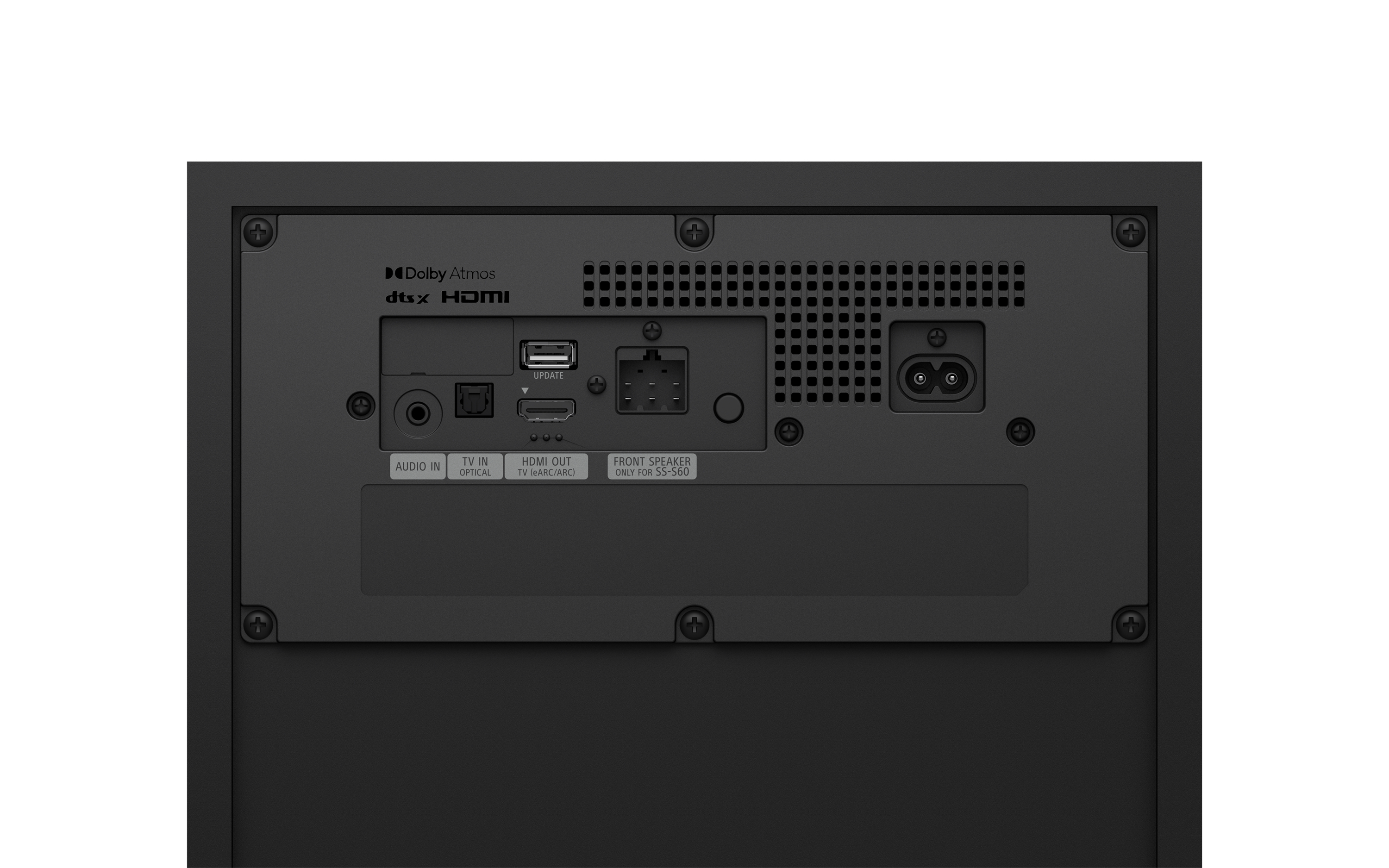 Rückansicht einer schwarzen Soundbar mit Anschlüssen, dunkler Hintergrund.