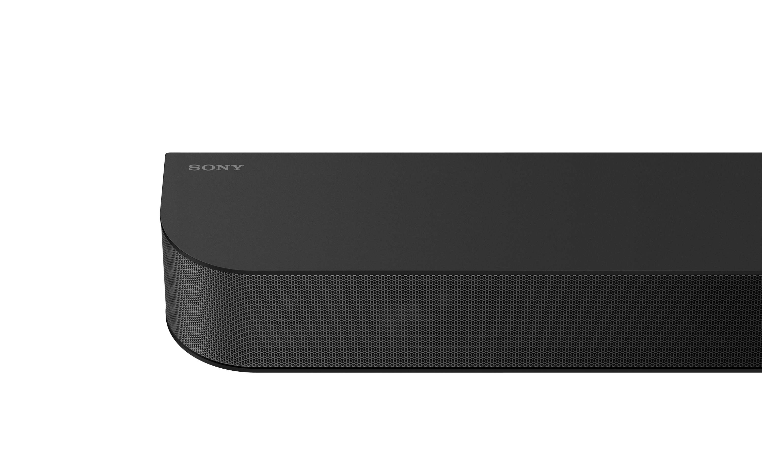 Nahaufnahme einer schwarzen Soundbar auf weißem Hintergrund. Das Sony-Logo ist sichtbar.
