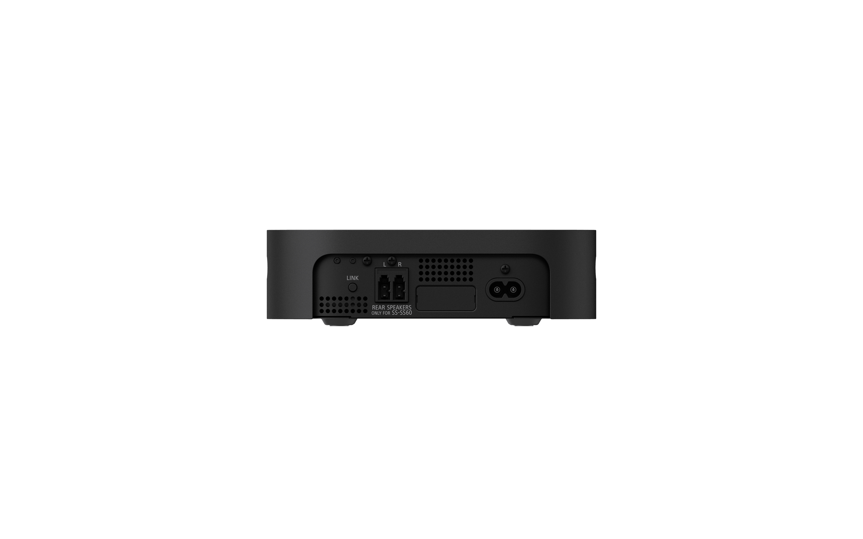 Eine schwarze Soundbar, die Anschlüsse zeigt. Die Soundbar hat Eingänge wie L, R und einen Link-Anschluss.