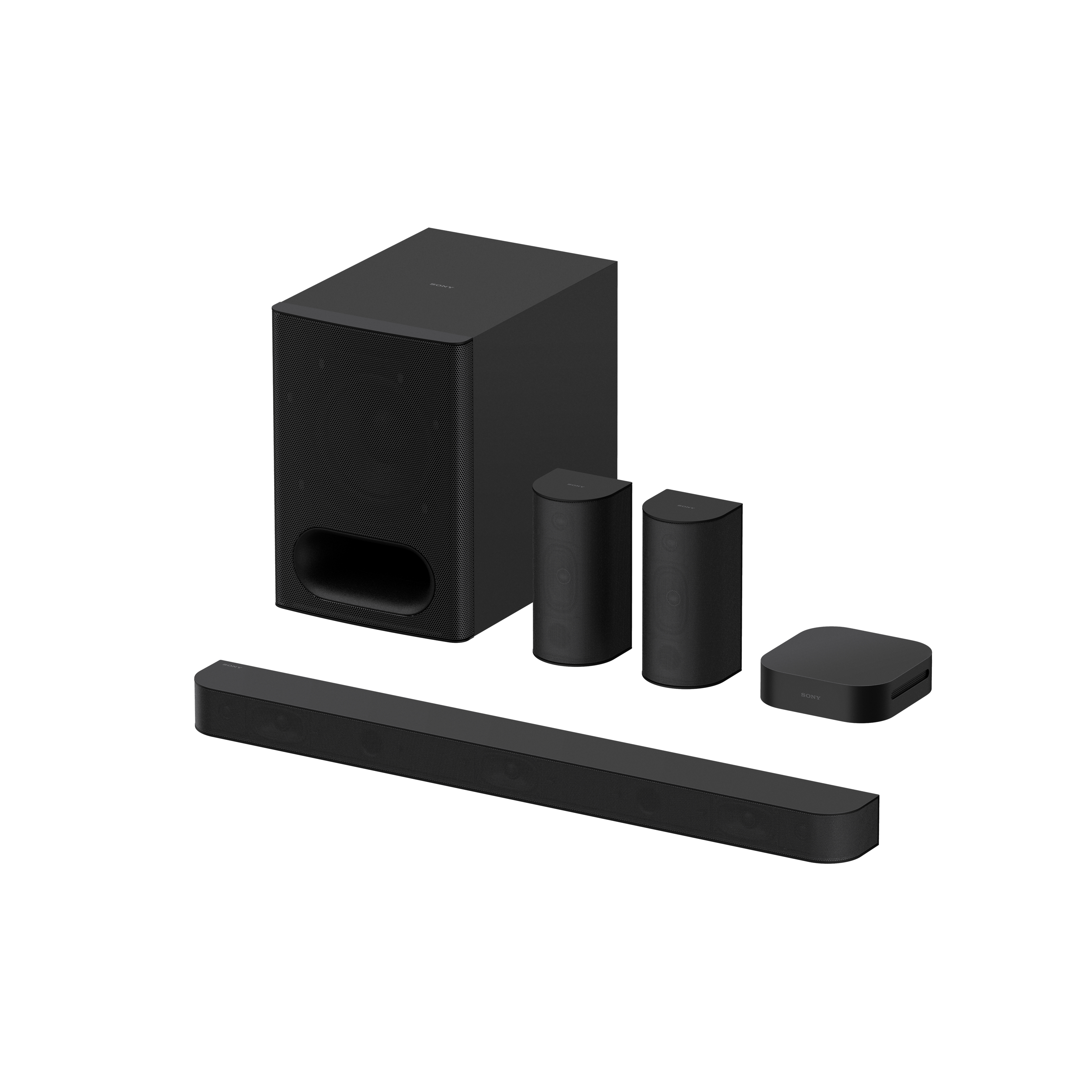 Schwarzes Heimkinosystem mit Soundbar, Subwoofer und zwei kleineren Lautsprechern.