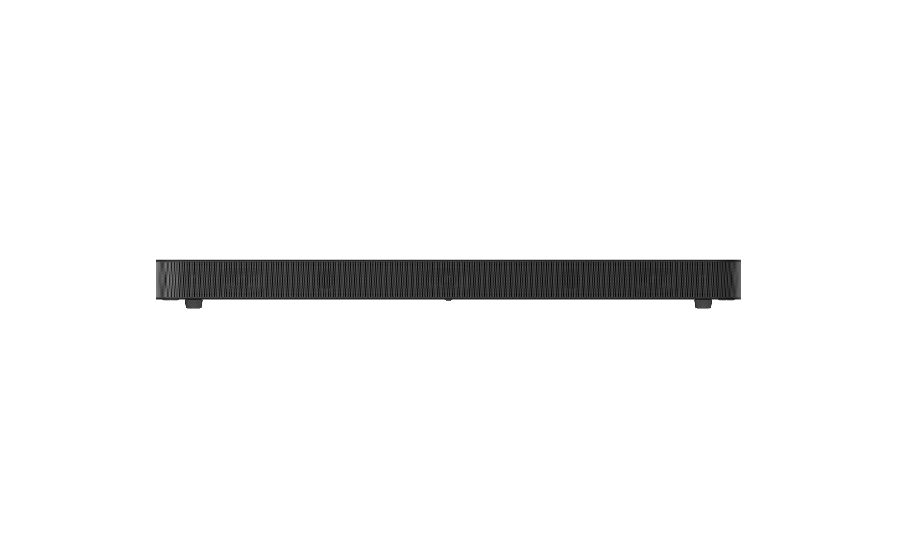Schwarze Soundbar auf weißem Hintergrund, von oben gesehen.