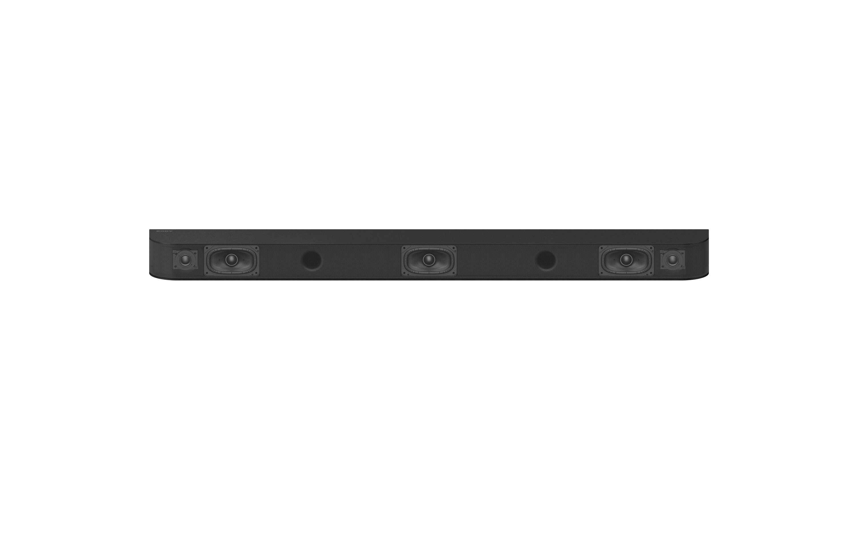 Eine schwarze Soundbar mit mehreren Lautsprechern vor weißem Hintergrund.