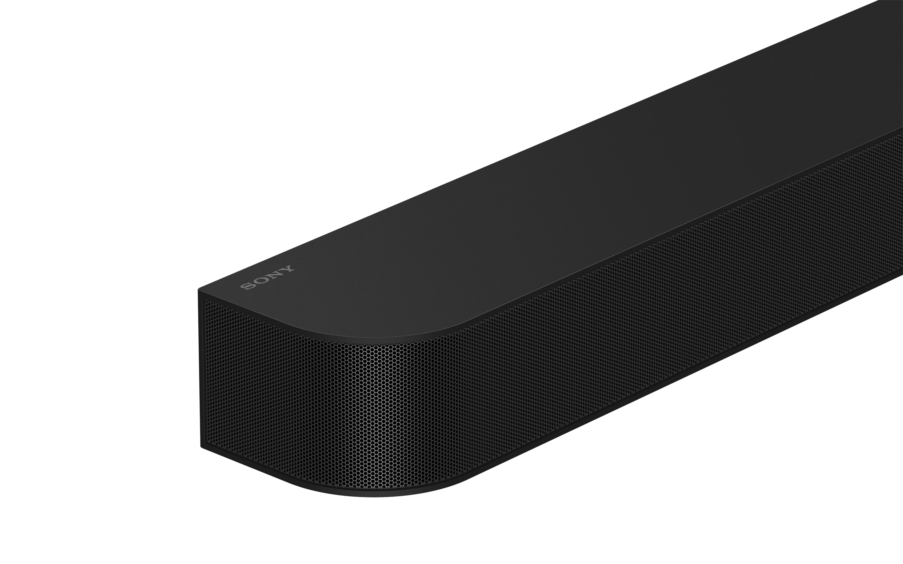 Schwarze Sony Soundbar, schräge Ansicht auf weißem Hintergrund.