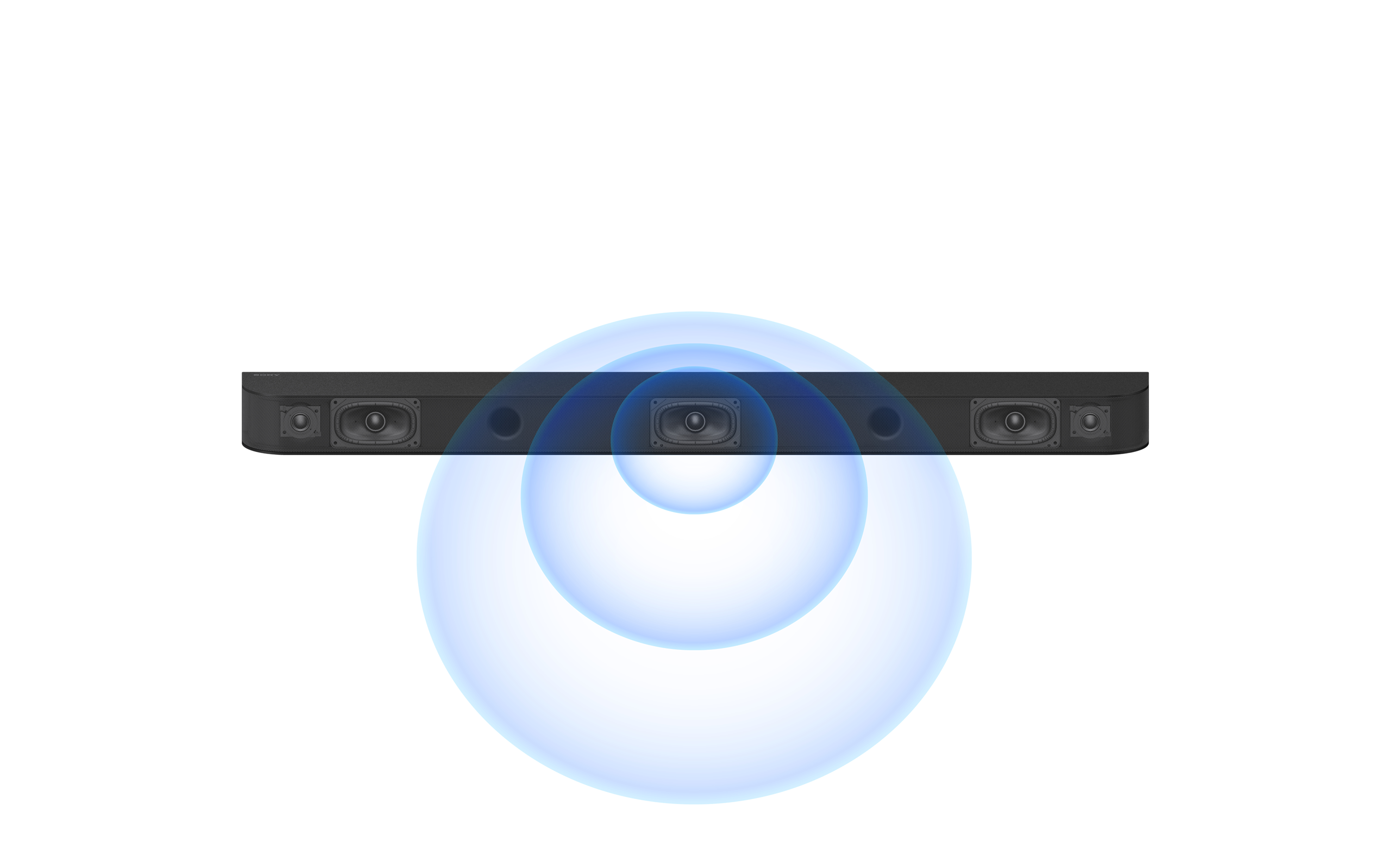 Schwarze Soundbar. Schallwellen, die von Lautsprechern ausgehen. Weißer Hintergrund.