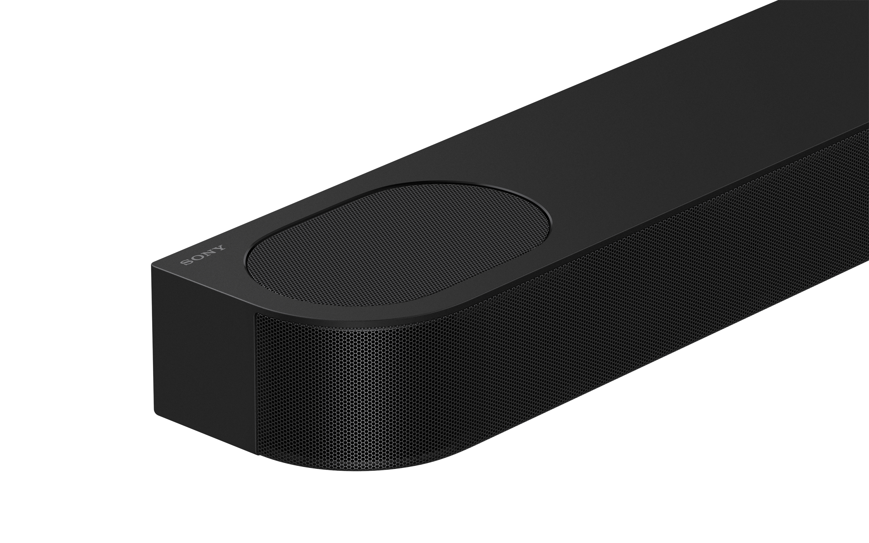 Schwarze Soundbar mit abgerundeten Kanten und Lautsprechergitter. Der Markenname SONY ist links sichtbar.