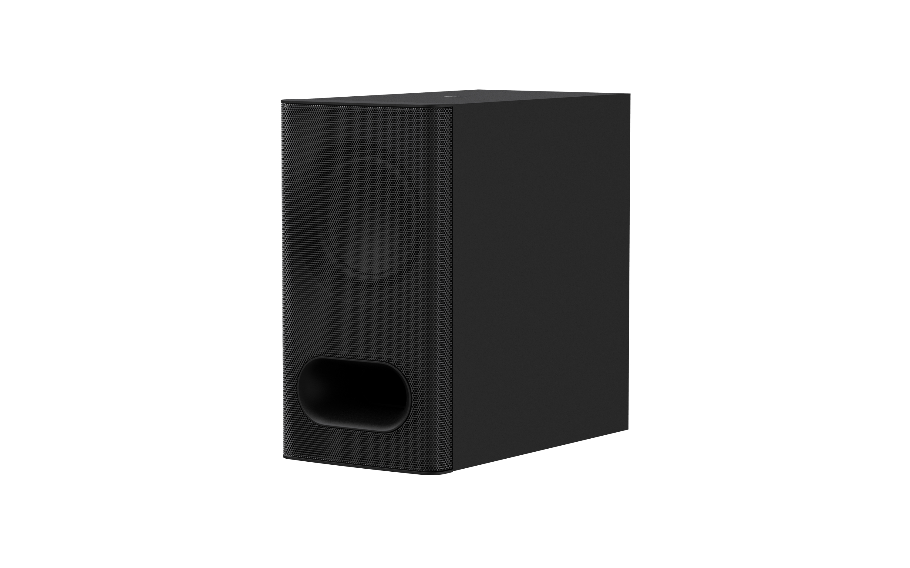 Ein schwarzer Sony Subwoofer mit Frontlautsprecher und Seitenöffnungen, isoliert.