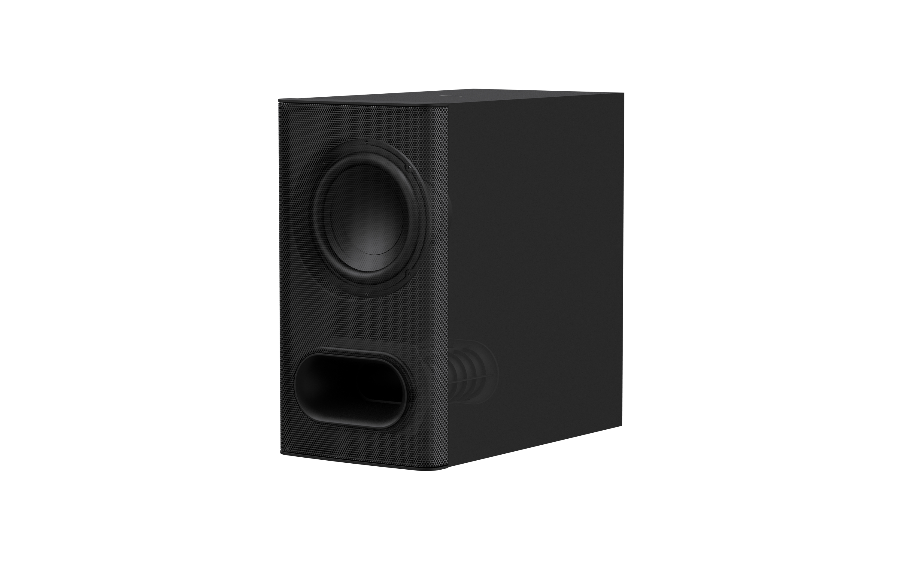 Schwarzer rechteckiger Subwoofer-Lautsprecher auf weißem Hintergrund.