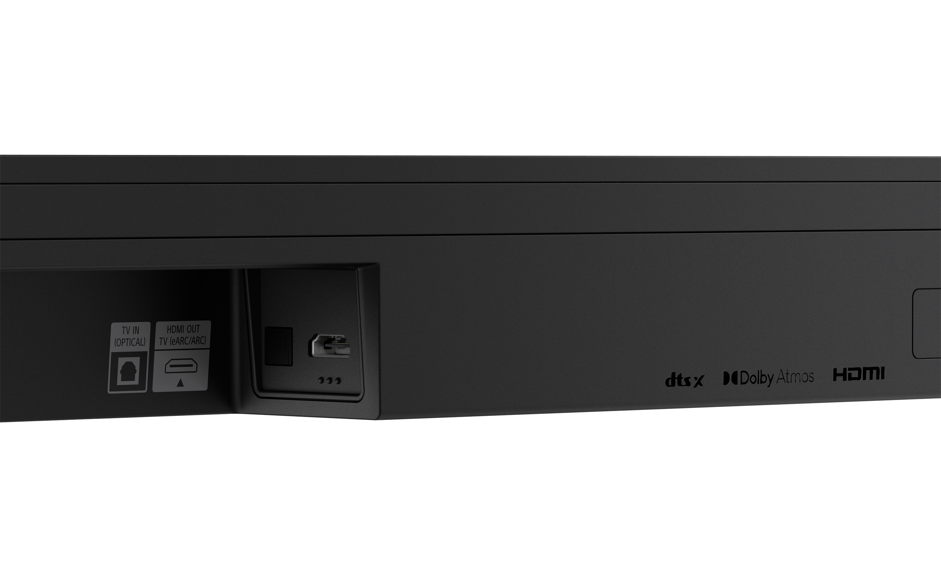 Nahaufnahme der Rückseite einer schwarzen Soundbar. Sie hat HDMI und andere Anschlüsse.