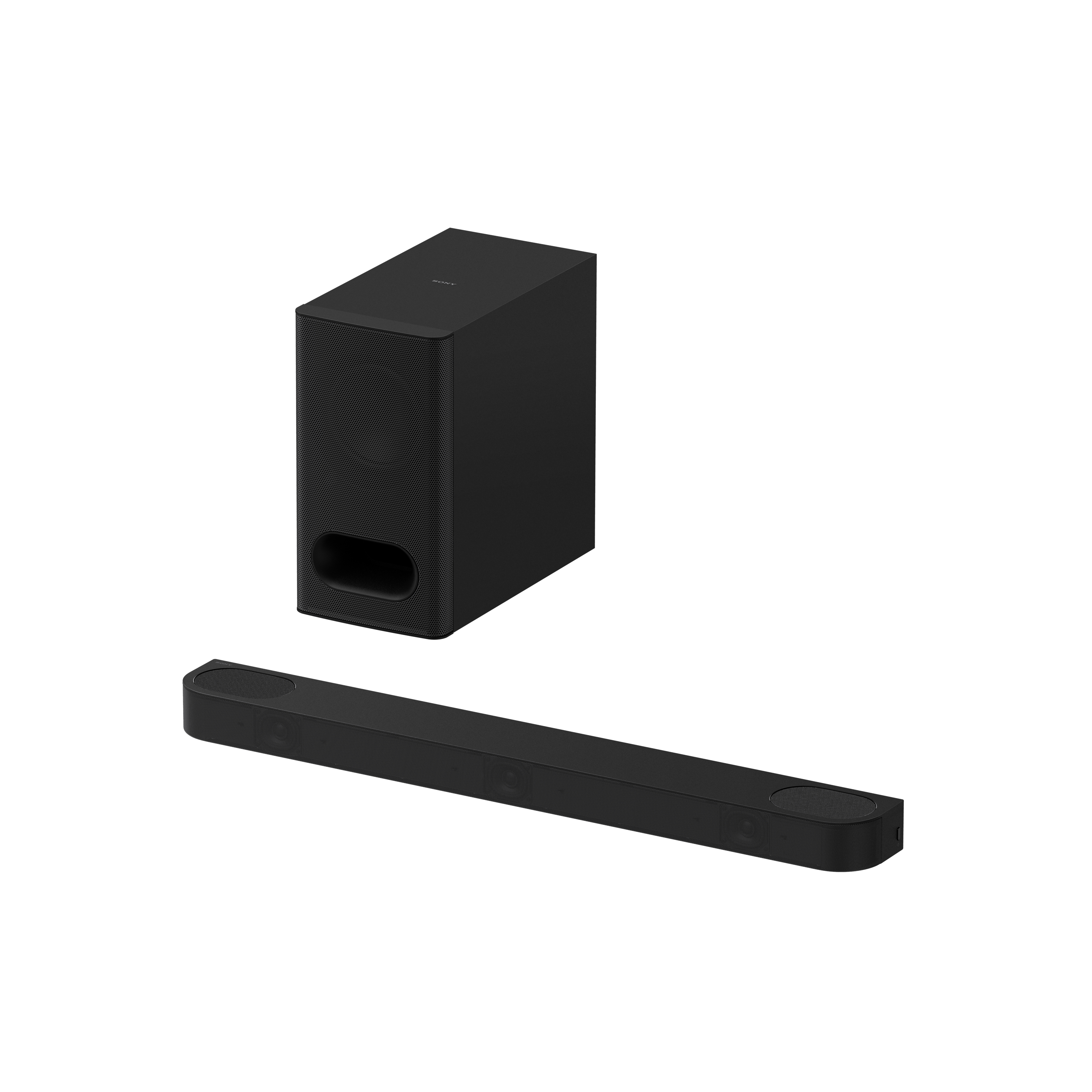 Ein schwarzes Soundsystem mit Soundbar und Subwoofer.
