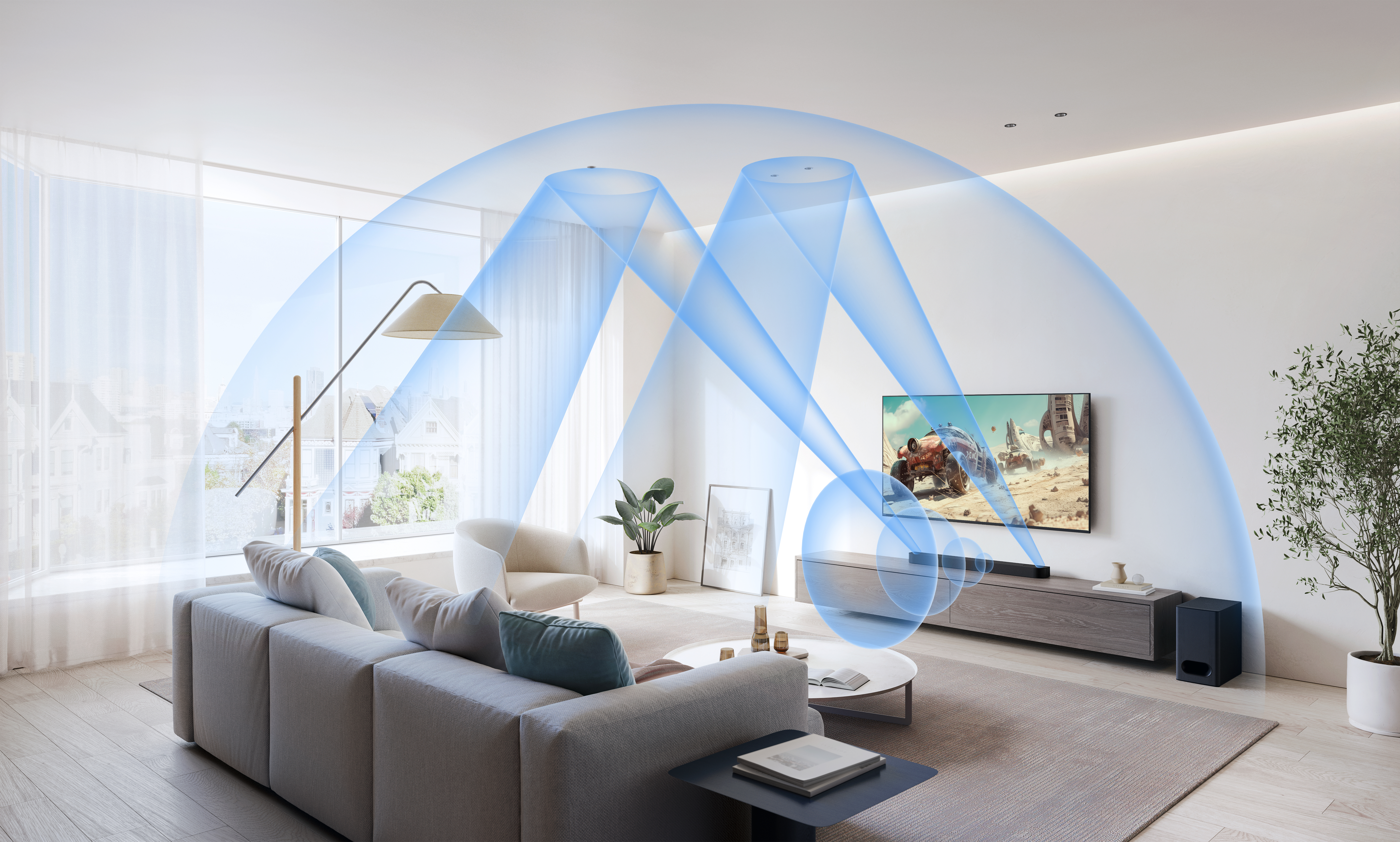 Wohnzimmer mit Sofa, Fernseher und Soundsystem mit blauen Lichteffekten.