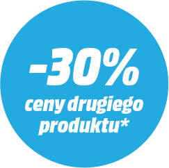 Niebieskie koło z tekstem '-30%' i 'ceny drugiego produktu*' w kolorze białym. Tekst polski.