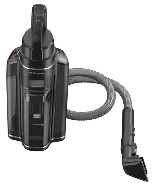 Gri hortumlu ve başlığa sahip siyah bir elektrikli süpürge.