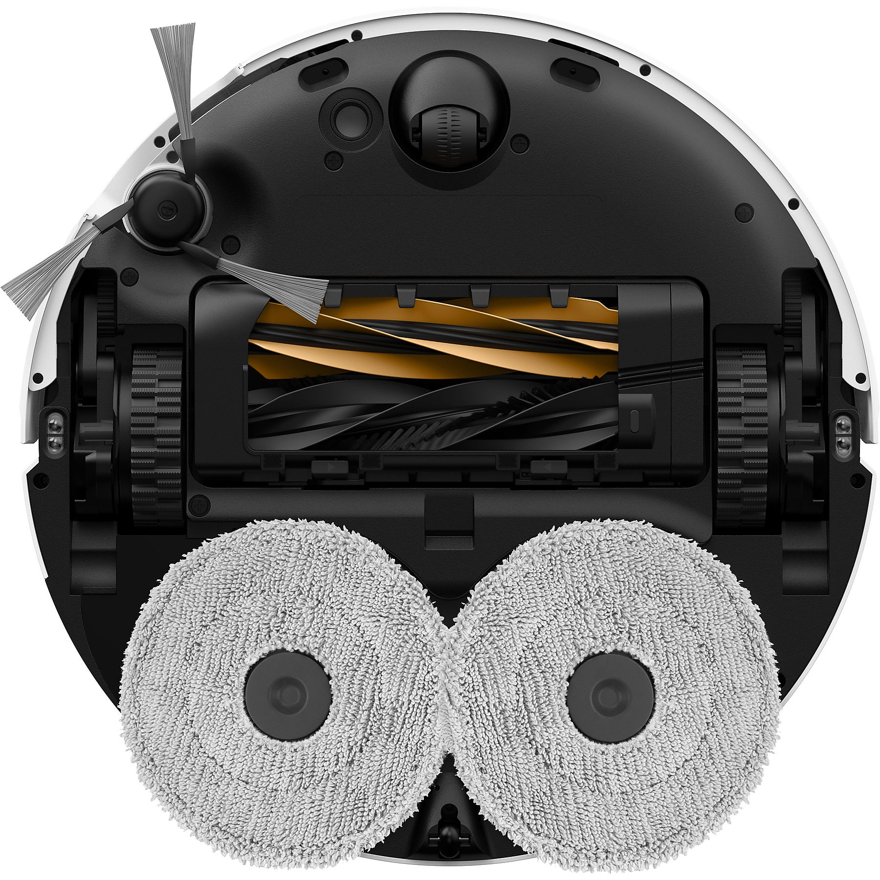 Egy fehér robotporszívó alsó nézete. Forgó felmosói és keféi vannak. Fekete és narancssárga részletek.