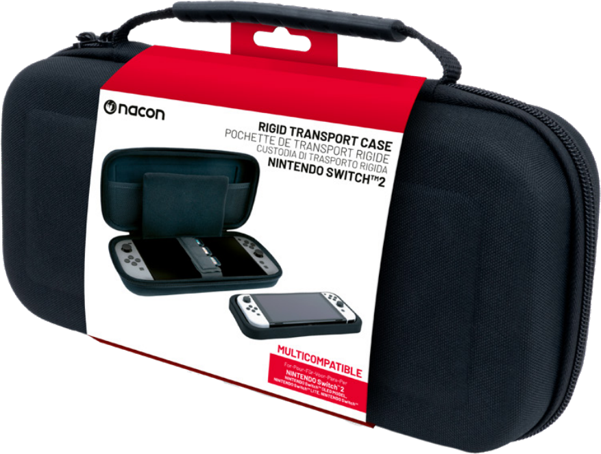 Schwarze Nacon-Tragetasche mit Nintendo Switch-Konsole und weißem Hintergrund.