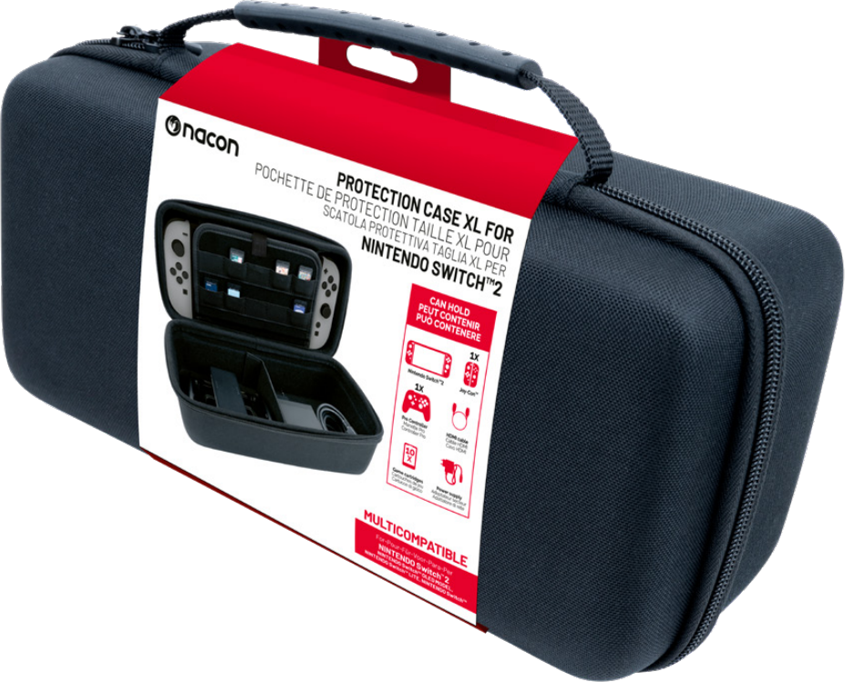 Schwarze Nacon-Hülle für Nintendo Switch. Geöffnet, mit Schlitzen für Spiele und Zubehör.