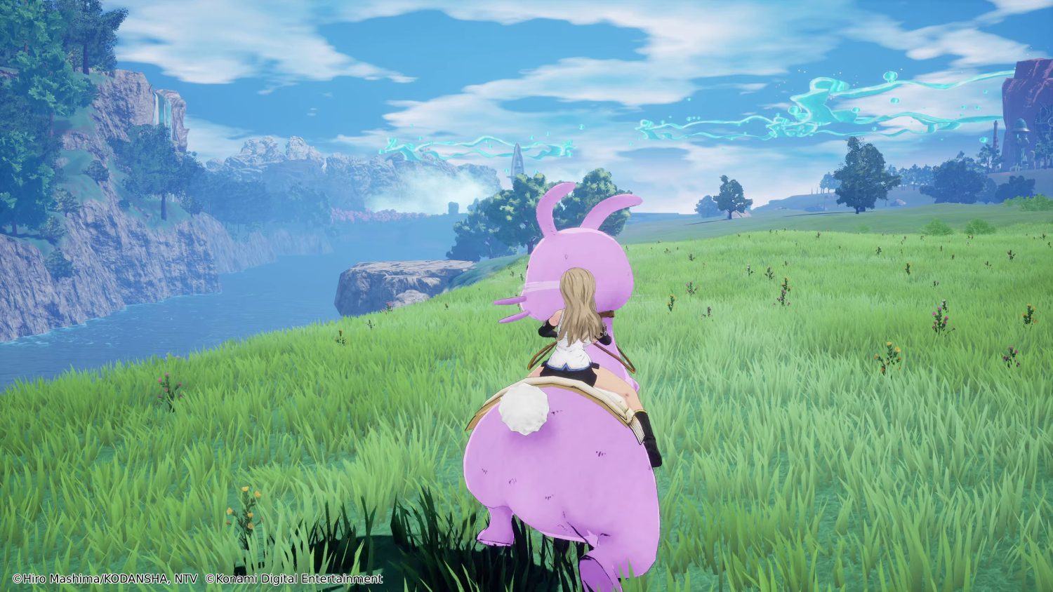 Una persona montando un conejo rosa en un campo. Hierba verde, cielo azul, río al fondo.