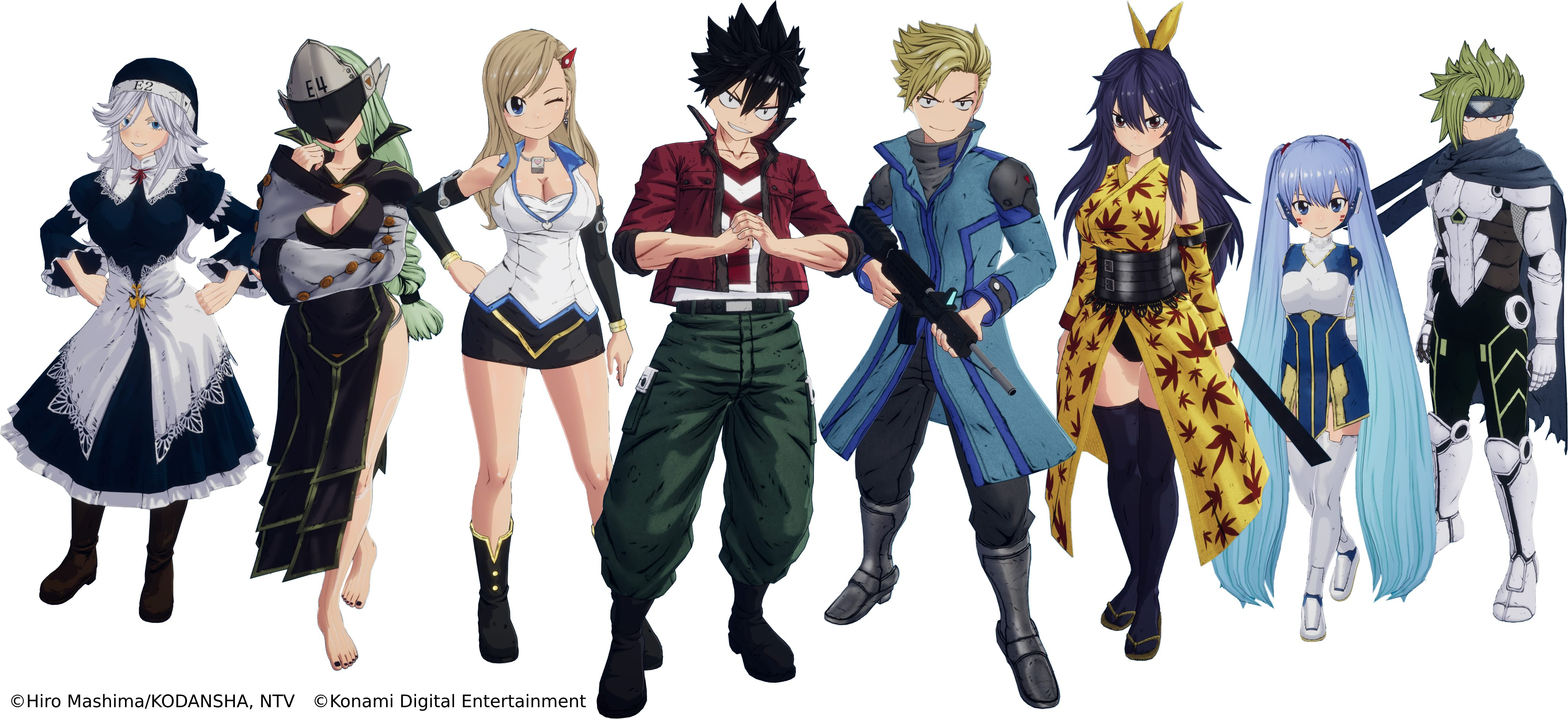 Un grupo de personajes de anime en fila, cada uno con ropa y poses distintivas.