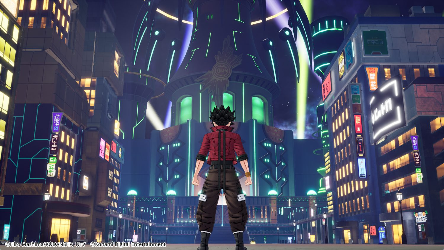 Personaje de anime en una ciudad con un edificio grande al fondo.