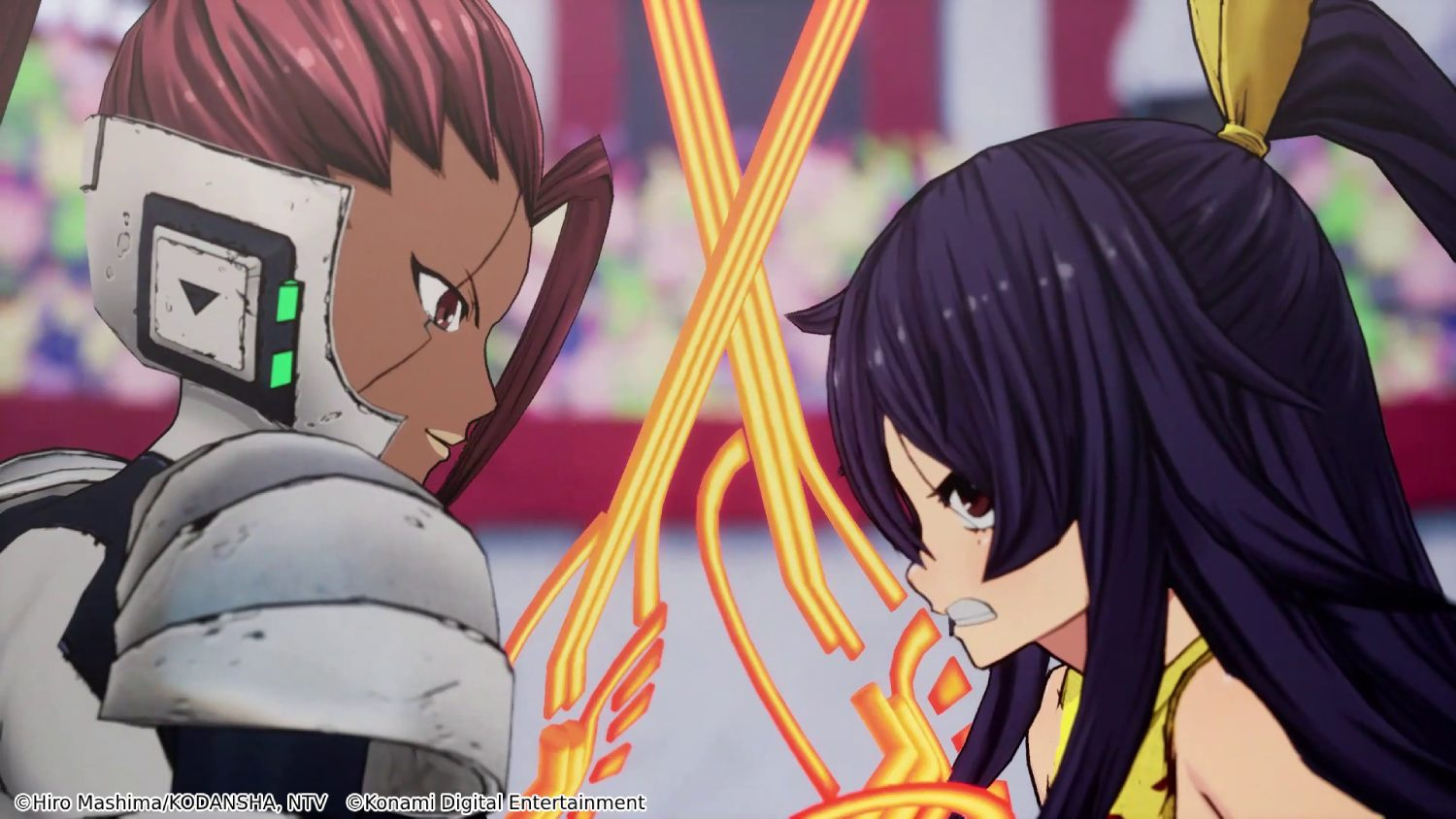 Dos personajes de anime enfrentados con efectos de energía entre ellos.