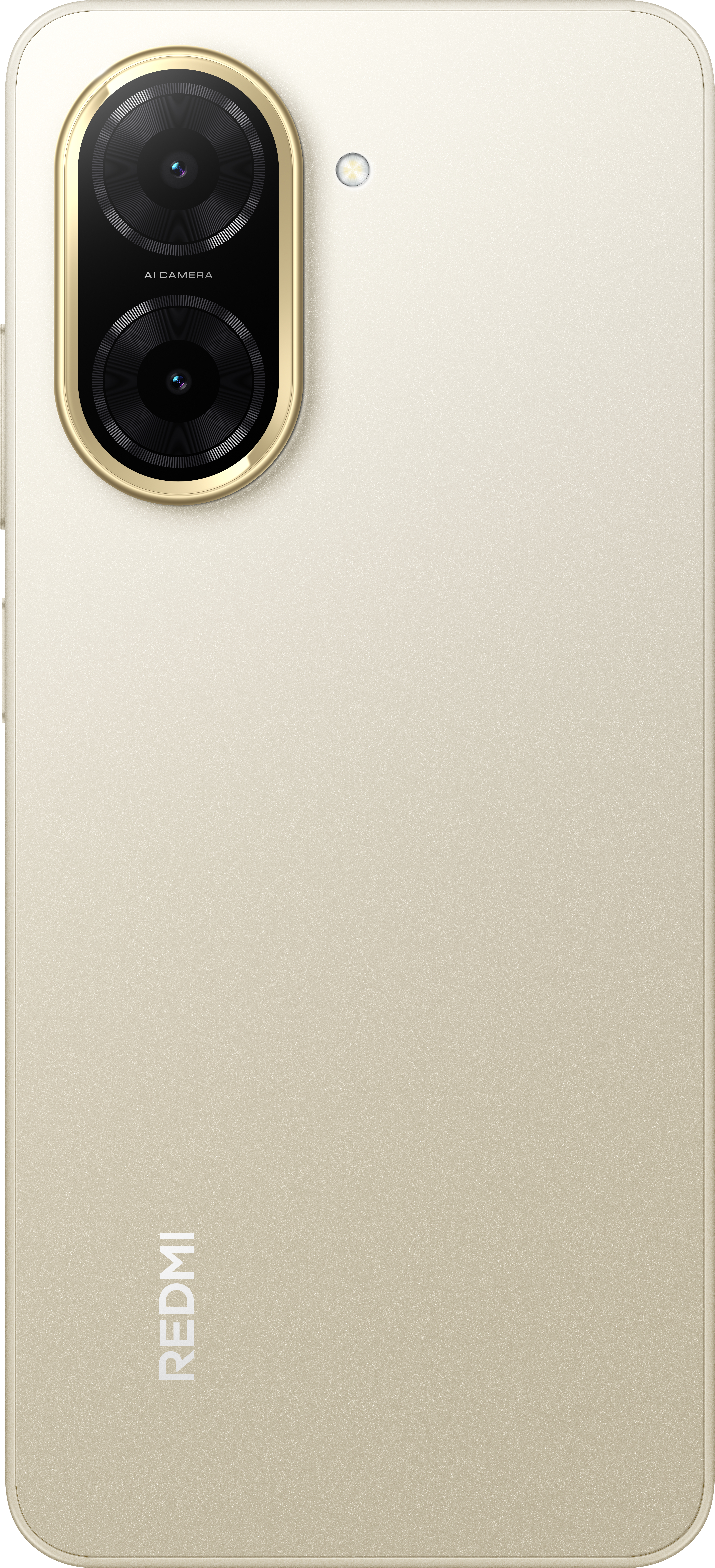Beiges Telefon mit goldenem Kameraring und Dual-Kamera-Setup.