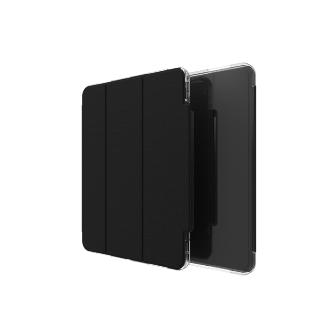 İçinde tablet bulunan, açılı ve açık siyah tablet kılıfı.