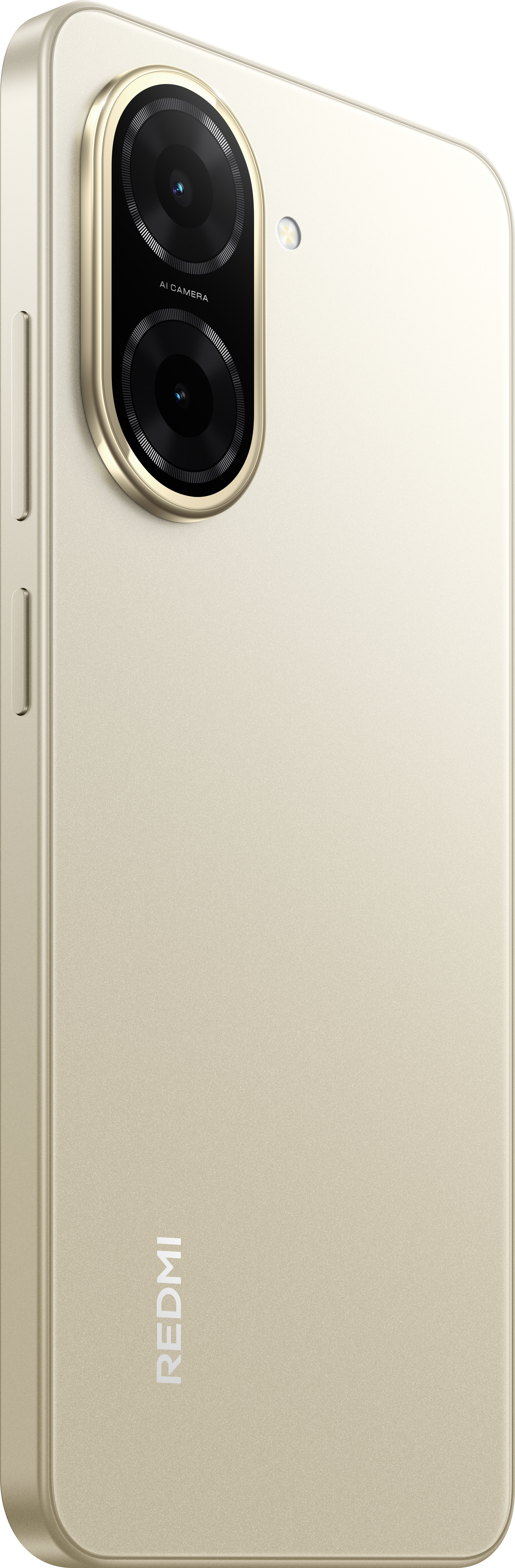 Ein goldenes Redmi-Telefon wird von der Seite gezeigt. Zwei Kameras sind sichtbar. Der Hintergrund ist weiß.