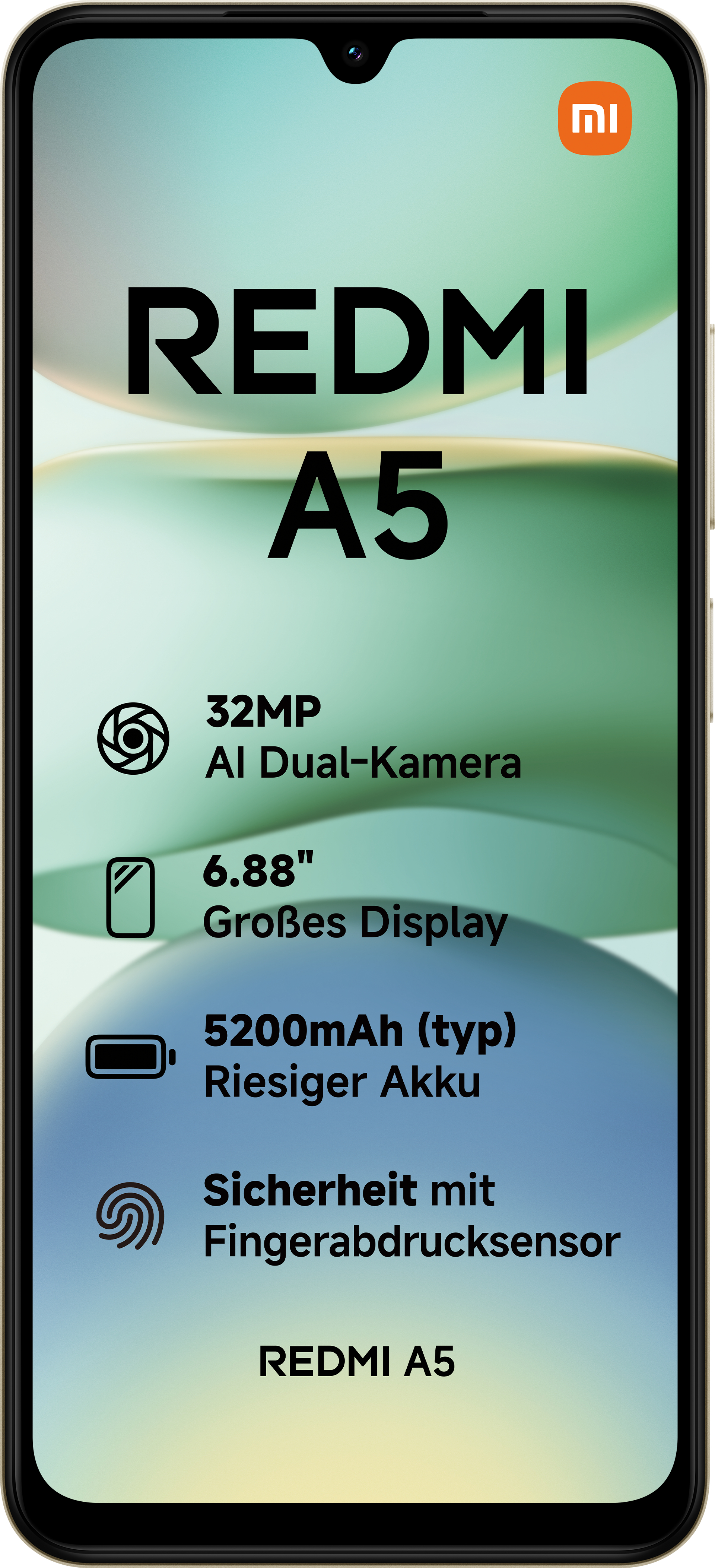 Ein goldenes Smartphone mit dem Redmi A5 Logo. Es hat ein großes Display, Dual-Kamera und Fingerabdrucksensor.