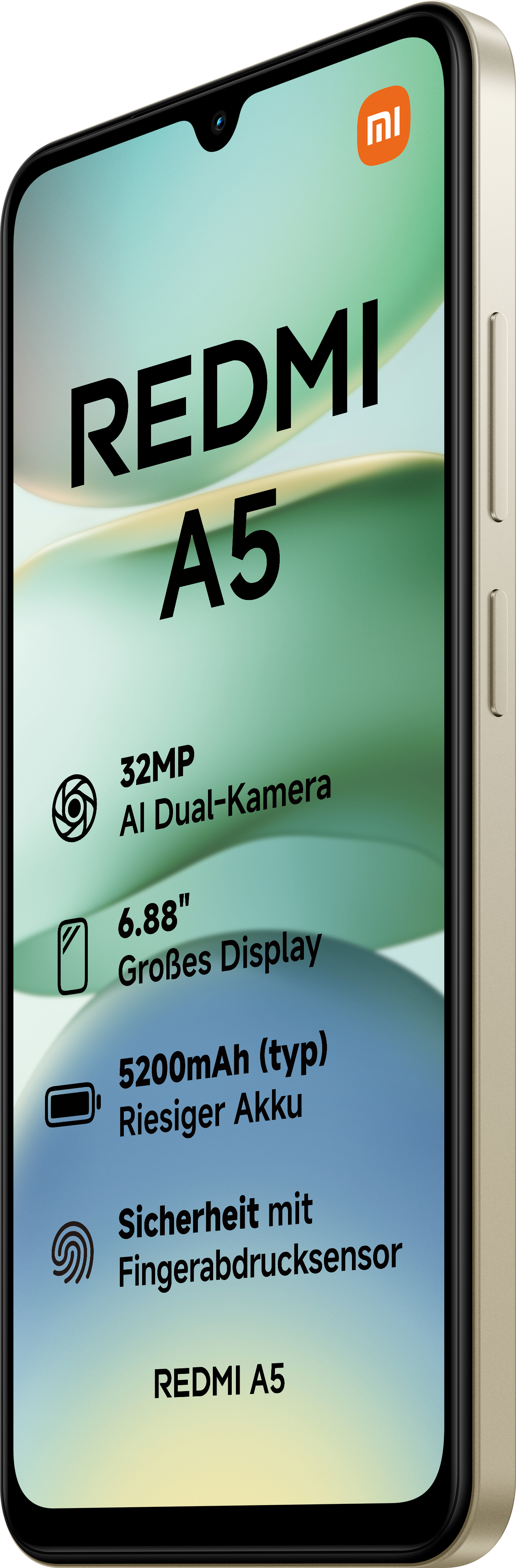 Goldenes Smartphone mit Text auf dem Bildschirm, Seitenansicht.