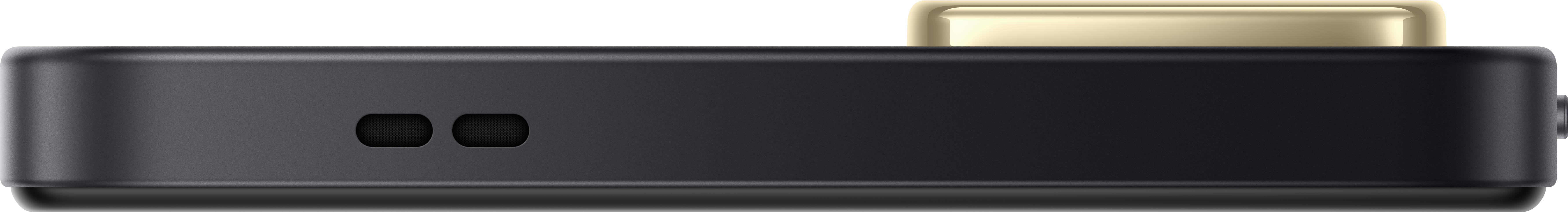 Nahaufnahme eines schwarzen Geräts mit zwei Lautsprecherlöchern und goldenem Knopf.