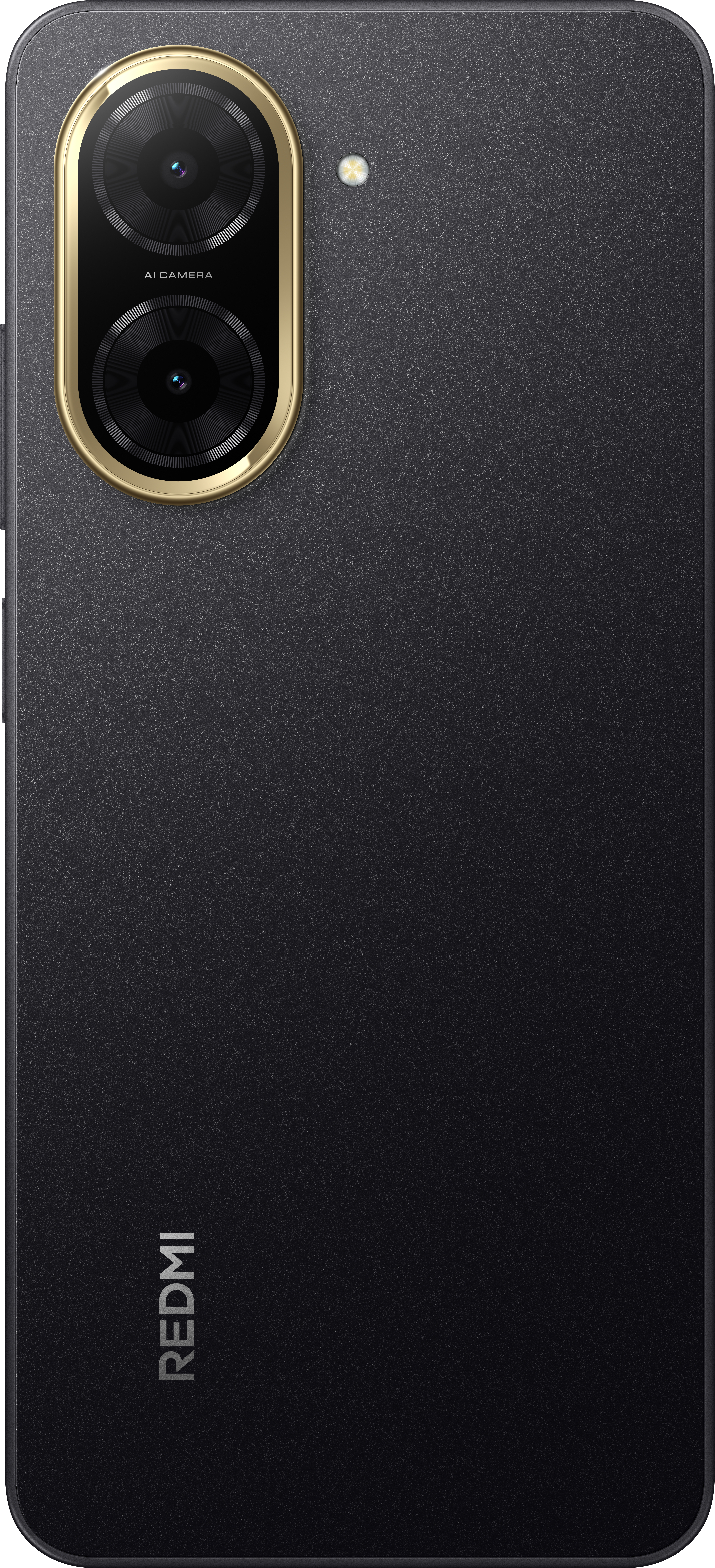 Ein schwarzes Smartphone mit einem goldfarbenen Kameramodul. Das REDMI-Logo befindet sich unten.