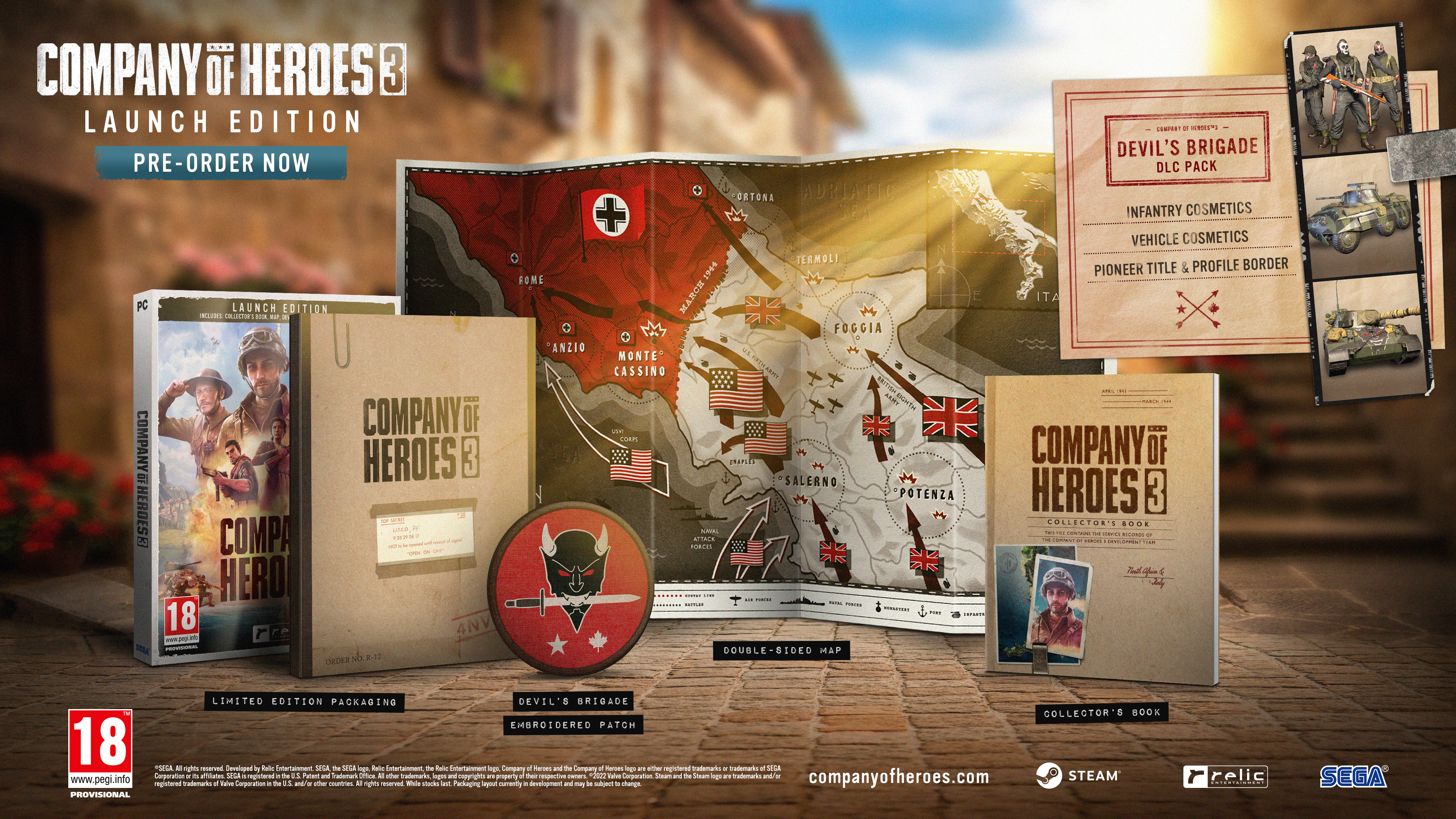 Launch Edition des Spiels Company of Heroes 3. Zeigt die Spielbox, Karte, Patch und ein Buch.