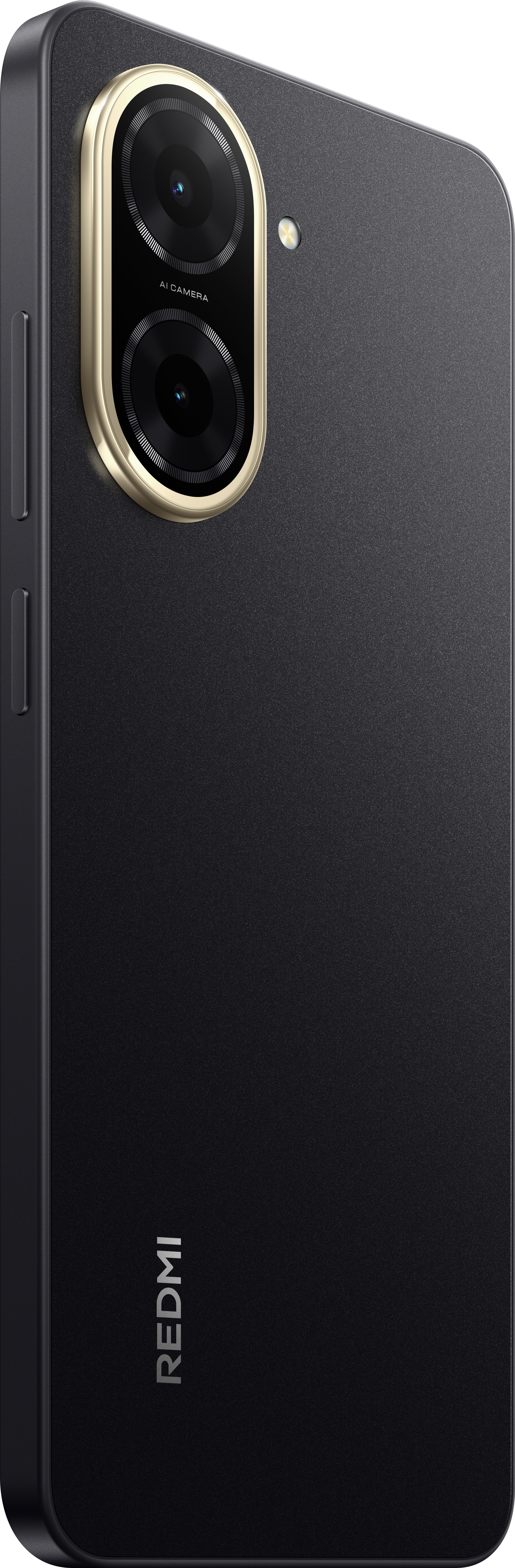 Schwarzes Telefon mit goldfarbenem Kameragehäuse, Hochformat.