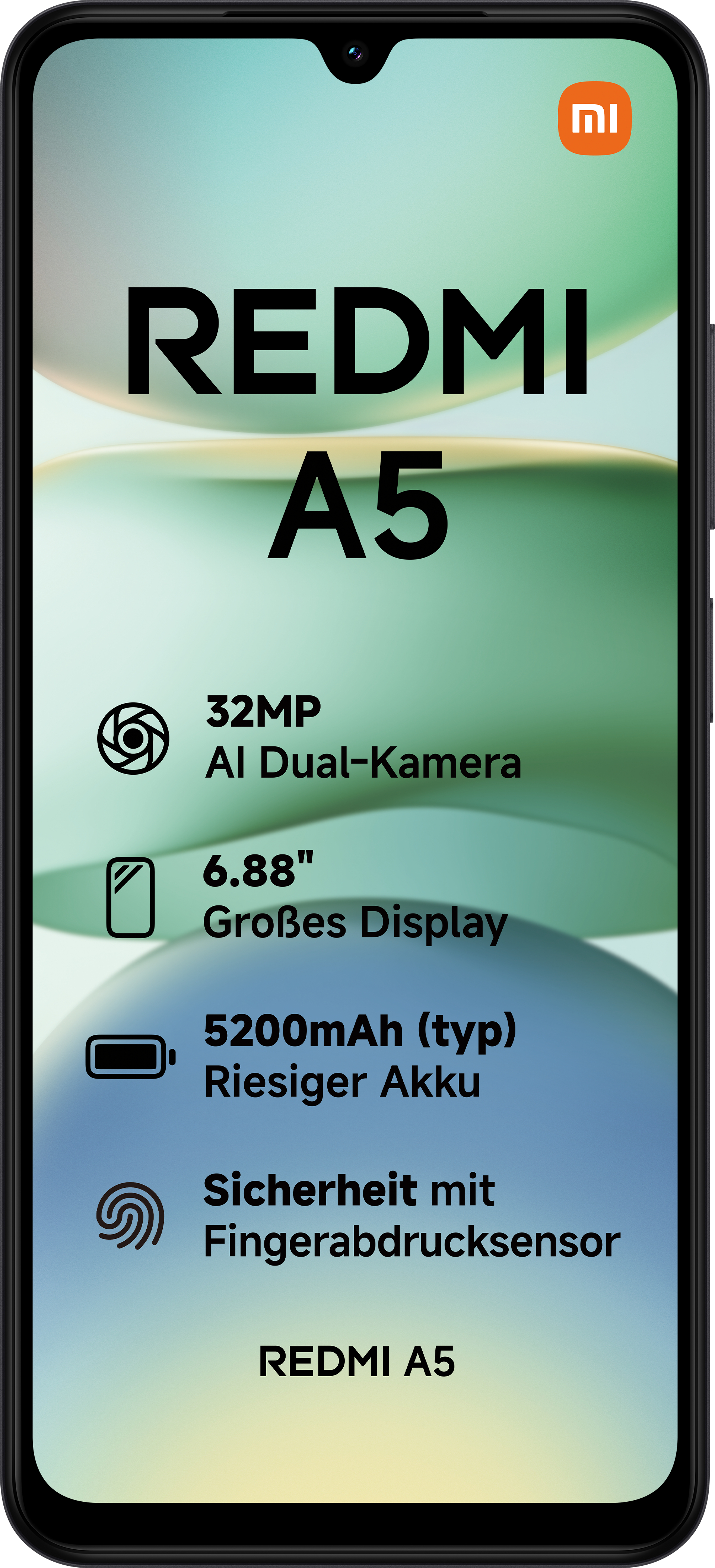Schwarzes Smartphone mit Anzeige von Text und Symbolen, weißer Hintergrund.