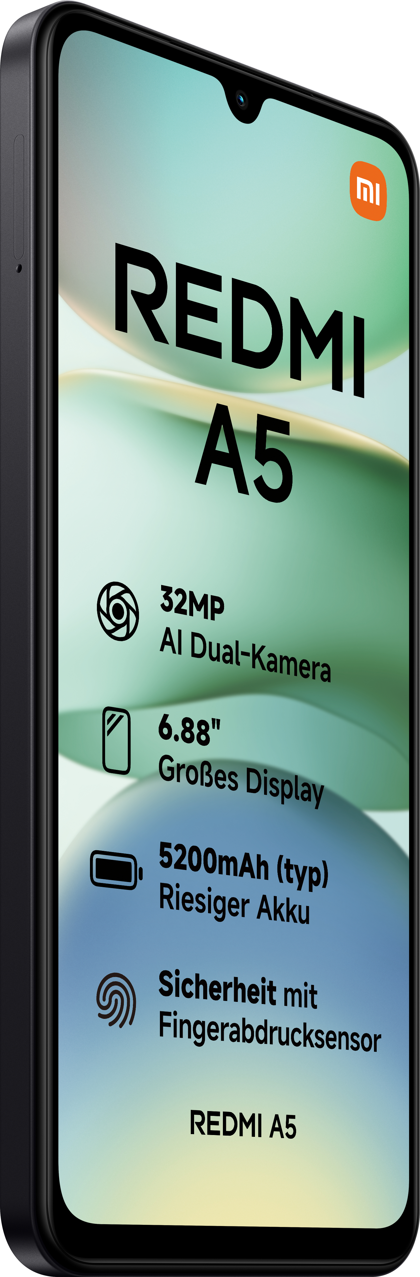 Ein schwarzes Smartphone mit Text: "REDMI A5". Der Bildschirm zeigt Funktionen und Spezifikationen.