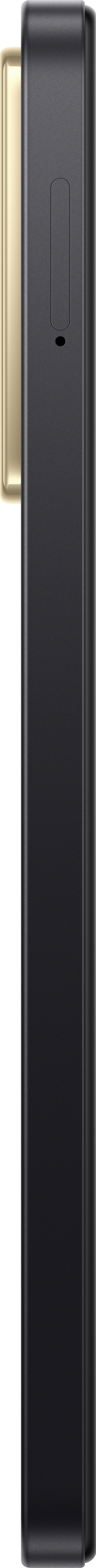 Schwarzes Telefon mit goldenem Akzent. Es ist hoch und schlank.