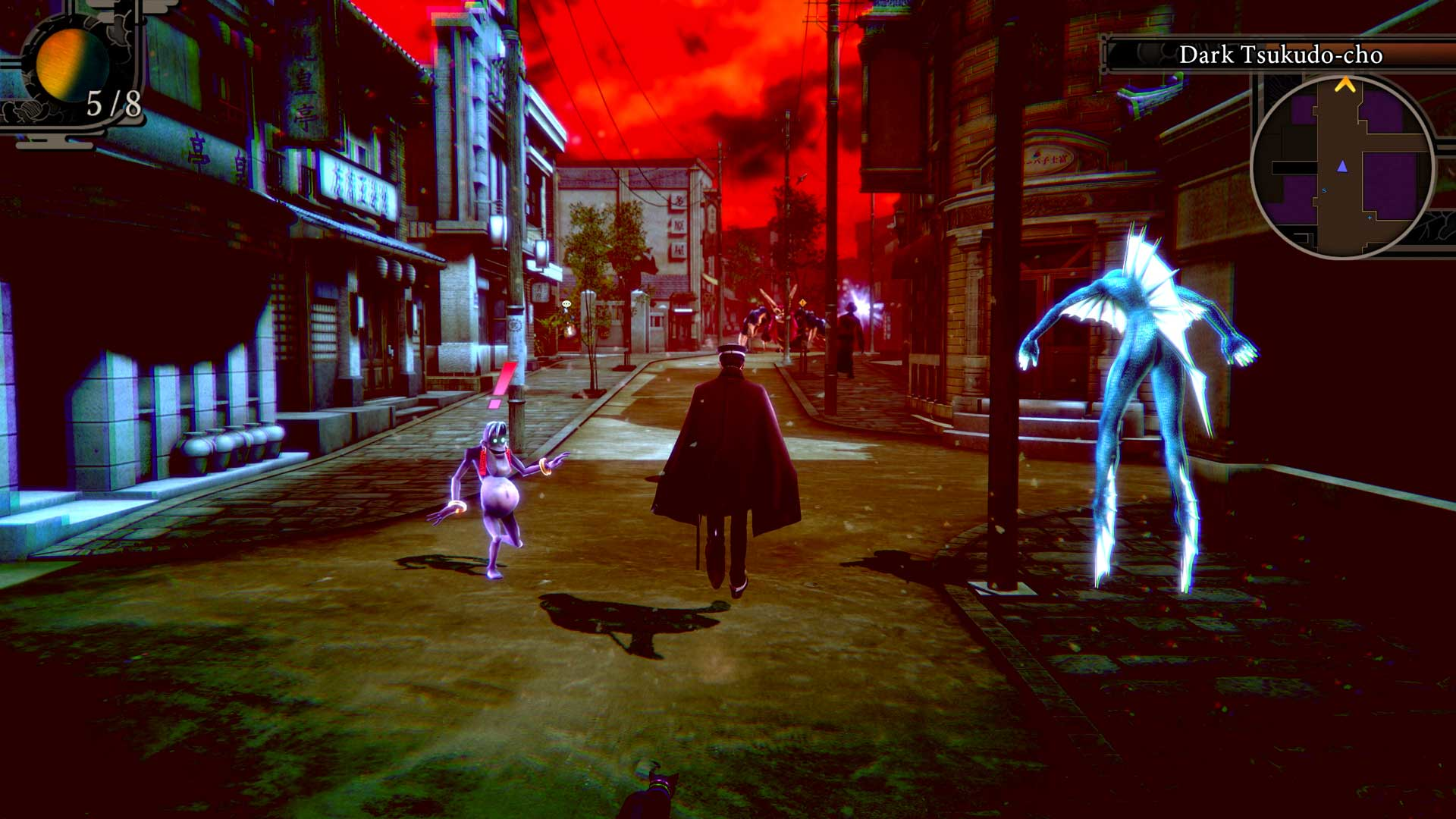 Scène de jeu avec personnage dans une ruelle sombre. Ciel rouge, monstres et bâtiments de la ville.