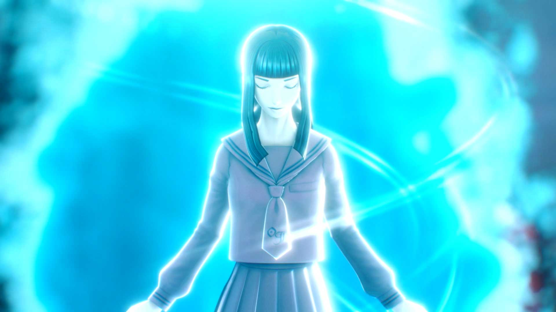 Une femme en uniforme scolaire avec une aura bleue.