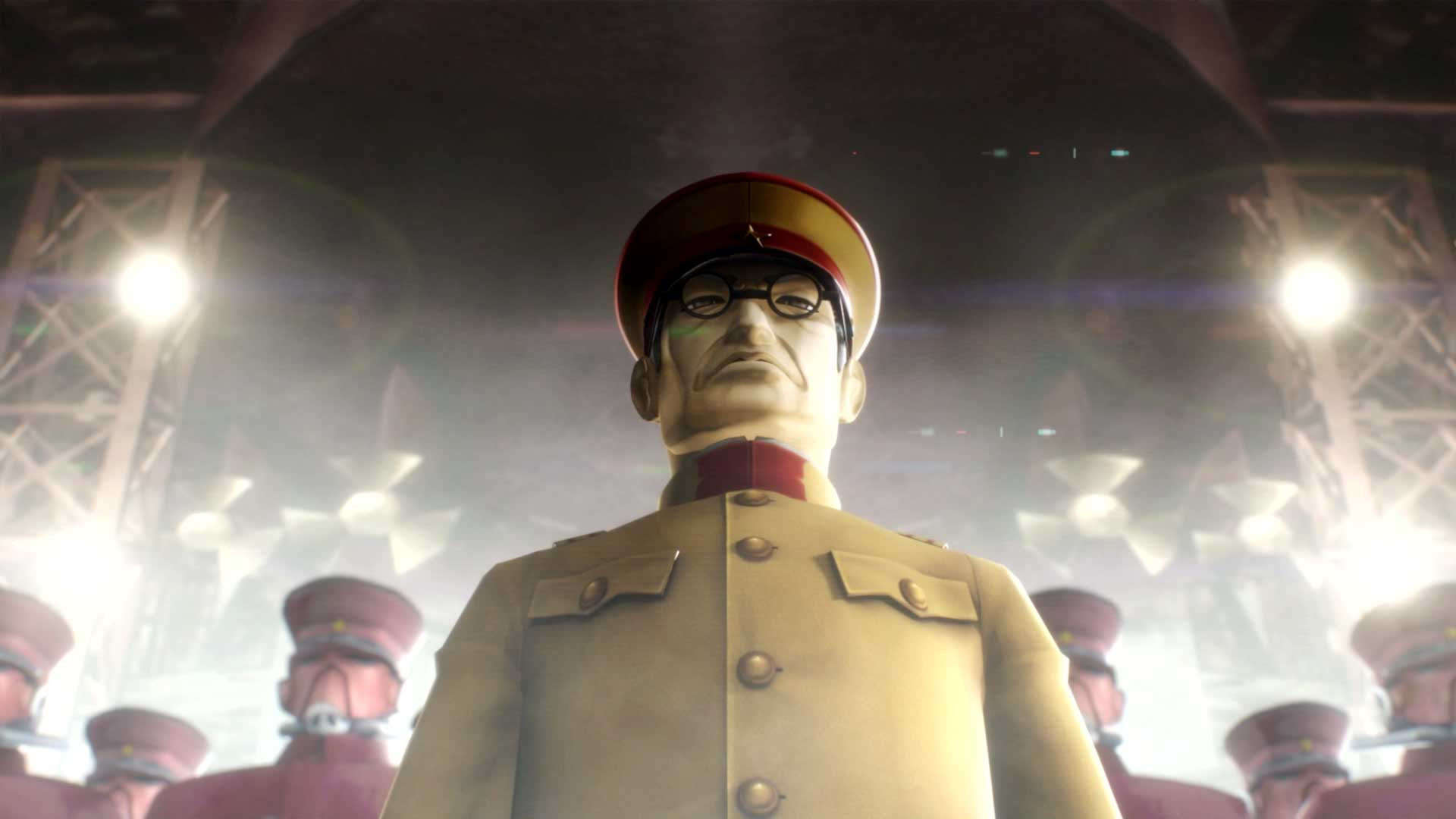 Personnage animé d'un homme en uniforme et chapeau, entouré de soldats.