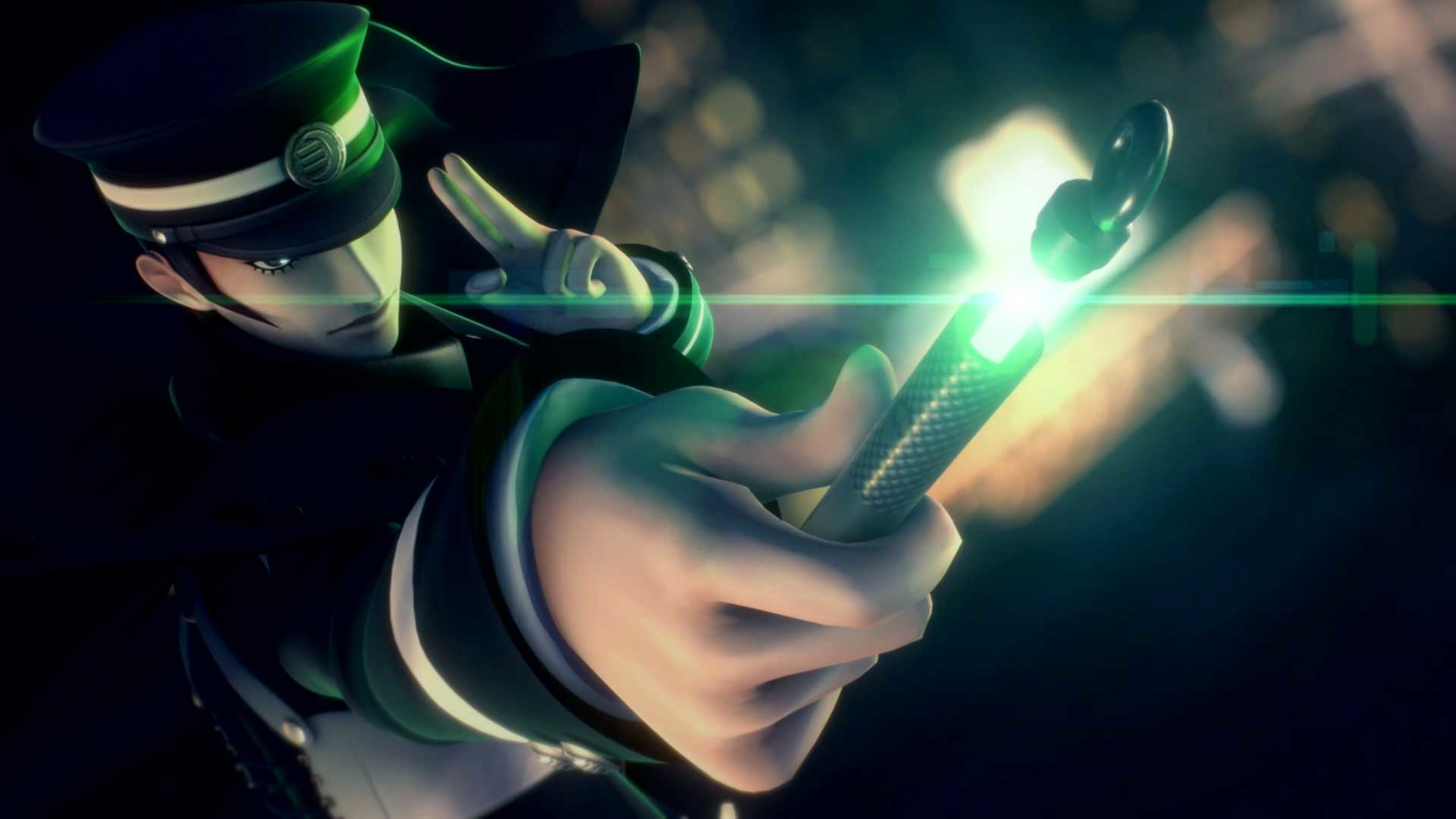 Un personaggio in uniforme nera tiene in mano un dispositivo verde brillante, in un ambiente buio.