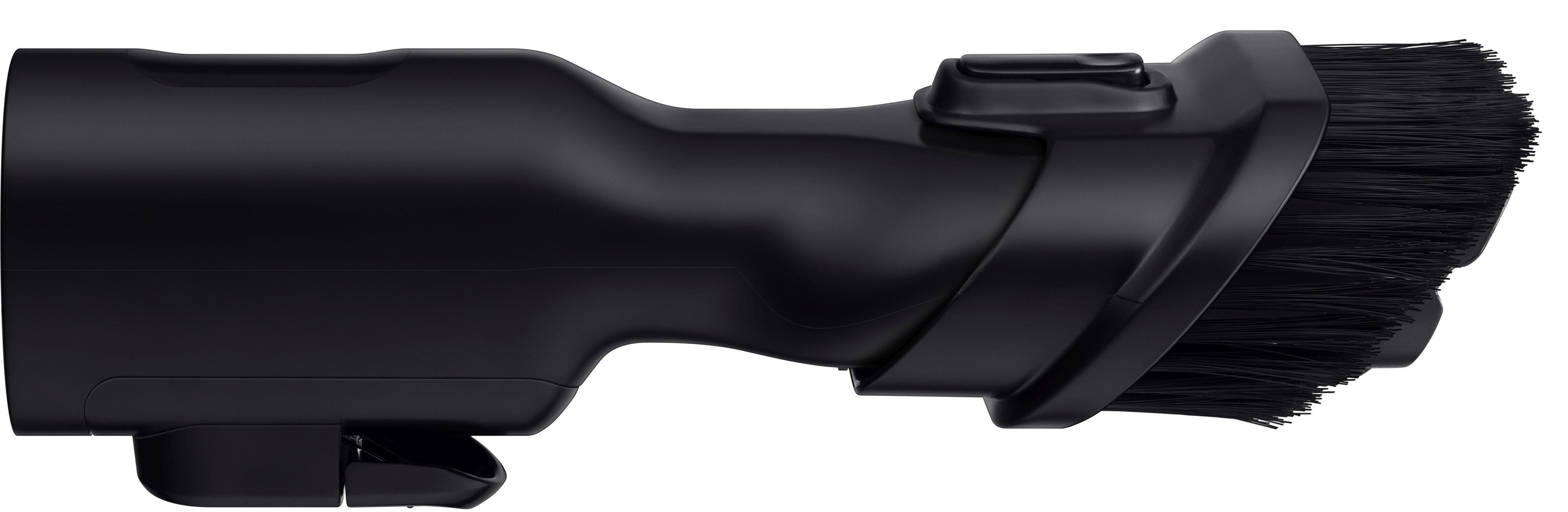Schwarzer Staubsauger-Bürstenkopf. Abgewinkeltes Design mit Borsten.