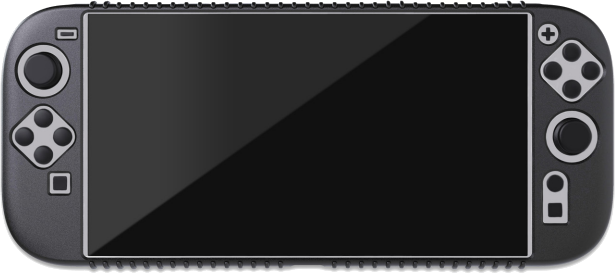Eine schwarze Handheld-Spielekonsole mit Bildschirm und Steuertasten, von oben gesehen.
