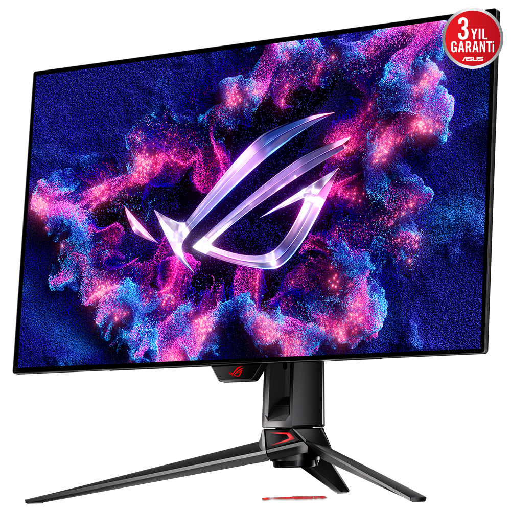 Büyük ekranlı, hafif açılı bir oyun monitörü. Siyah bir standı ve ASUS ROG logosu var.