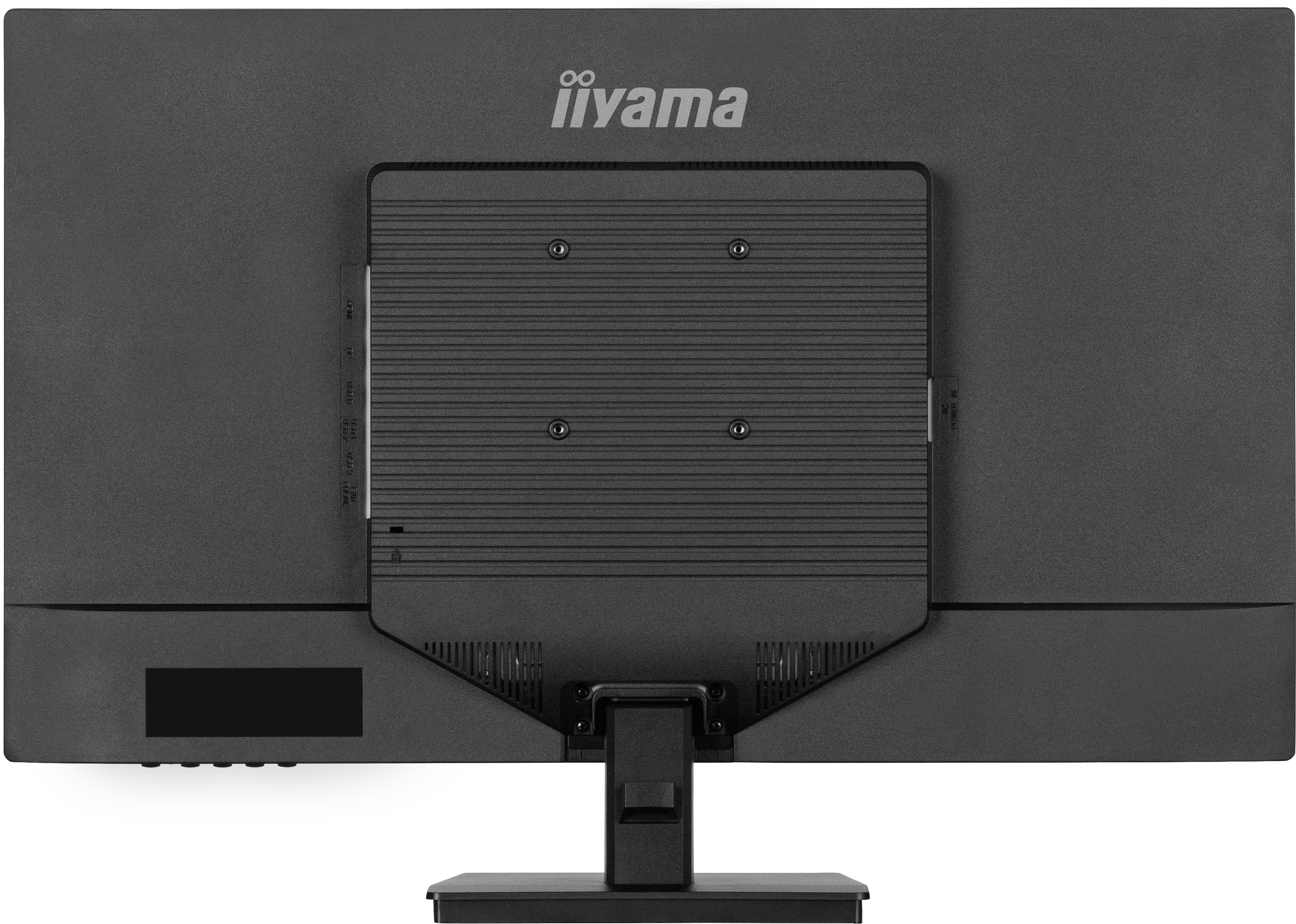 Rückansicht eines schwarzen iiyama-Computermonitors. Die Rückseite zeigt die Halterung und die Anschlüsse.
